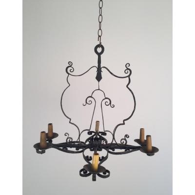 Wrought Iron Chandelier 4lumières In The 1940s.