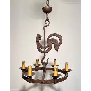 Wrought Iron Rooster Chandelier By Jean Touret For The Atelier Marolles