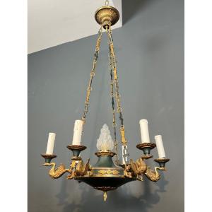 Empire Style Chandelier In Bronze, Green Sheet Metal And Molded Glass Flame