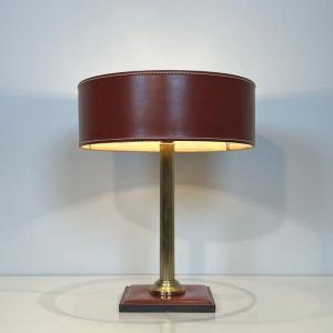 Lampe de Bureau en Cuir Rouge et Laiton dans le Goût de Jacques Adnet