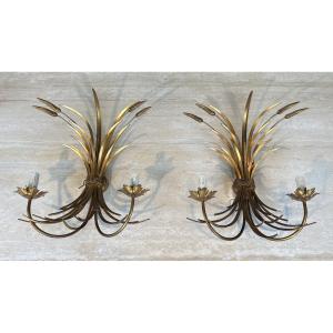 Paire d'Appliques en Métal Doré à Décor de Gerbes de Blé, Vers 1970