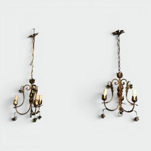 Paire de Lustres en Métal Doré à Décor de Feuillages et Grappes de Raisin en Verre Coloré, Quat