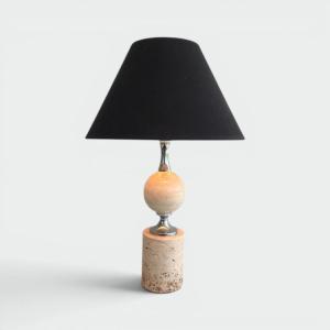 Travertine And Chrome Table Lamp, Philippe Barbie, French Work, Circa 1970