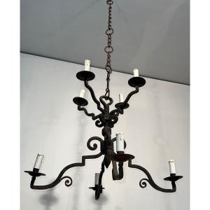 Lustre en Fer Forgé à Deux Niveaux et Huit Bras, Style Gothique, Travail Français, vers 1940