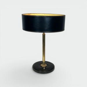 Lampe de Bureau en Cuir Noir et Laiton dans le Goût de Jacques Adnet