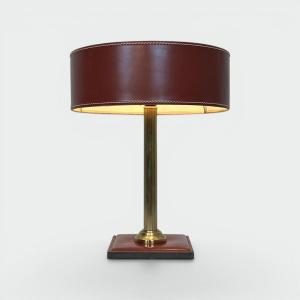 Desk Lamp In Red Leather And Brass In The Style Of Jacques Adnet, Circa 1970