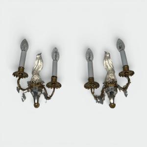 Pair Of Moulded Glass And Crystal Parrot Sconces With Two Light Arms. French Work Maison Baguès