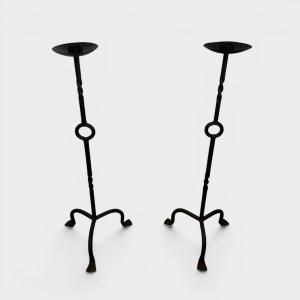 Pair Of Wrought Iron Standing Pricket Candlesticks With Twisted Shaft And Ring. French Work. Ci