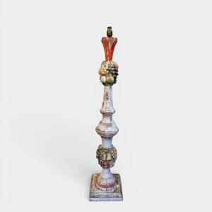 Baluster Floor Lamp In Polychrome Carved Wood With Clusters Of Fruit. Italian Work. Circa 1950