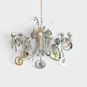 Lustre Design en Métal Chromé à Volutes et Lentilles Optiques en Verre. Travail Italien de Ange