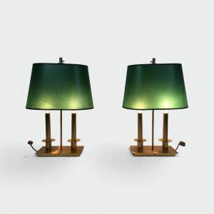 Paire de Lampes de Table à Deux Feux en Laiton à Abat-Jour Verts. Travail Français dans le Goût