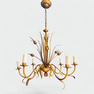 Lustre en Métal Doré à Décor de Gerbe de Roseaux. Style Coco Chanel. Travail Français. Vers 197