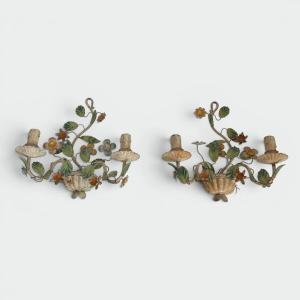 Pair Of Flower-basket Sconces In Painted Tole. Italian Work. Circa 1950
