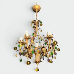 Cage Chandelier In Gilt Metal With Foliage And Multicoloured Glass Fruit Decoration. Italian Wo