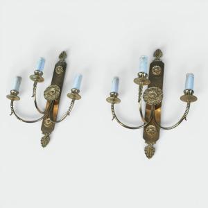 Pair Of Neoclassical-style Three-light Brass Sconces With Rosette And Palmette Decoration. Circ