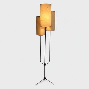 Tripod Floor Lamp In Wrought Iron With Three Tiered Lights. Jean Royère Style. French Work. Cir