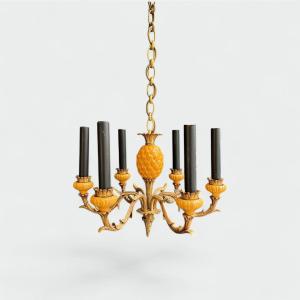 Yellow Enamelled Ceramic And Gilt Bronze Pineapple Chandelier With Six Lights. French Work Mais