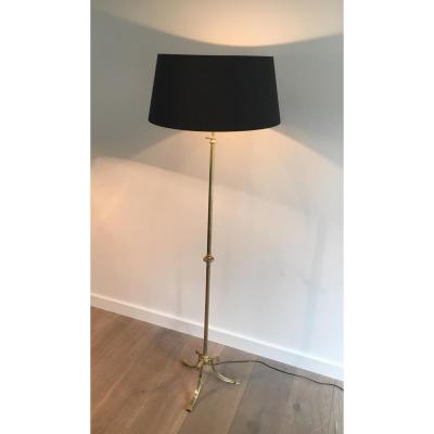 Brass Floor Lamp And Lampshade Black And Gilded Inside. Around 1940