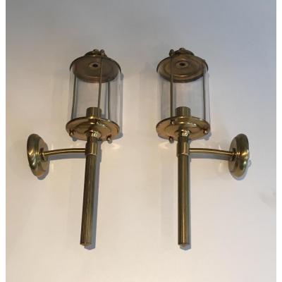 Pair Of Neoclassical Round Brass Lanterns With Round Glasses. Around 1940