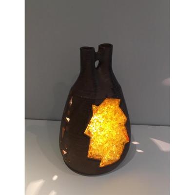  Lampe En Céramique Et Verre Jaune Orangé. Vers 1970 