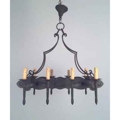 Neo-gothic Wrought Iron Chandelier With 8 Arms Of Light.