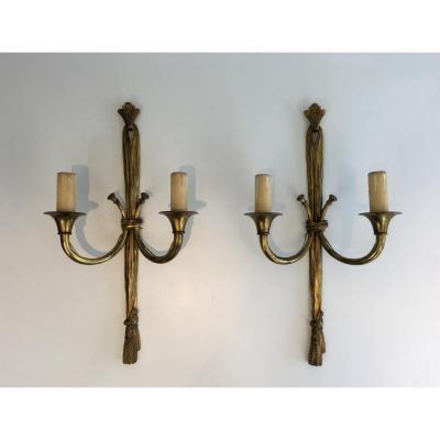 Important Pair Of Louis XVI Style Bronze Wall Sconces With Bows And Ribbons.