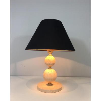 Lamp In Travertine And Brass. Lampshade In Shintz Black Inner Golden. Around 1970