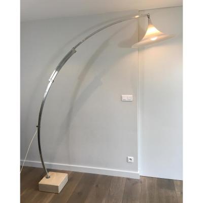 Arco Style Floor Lamp In Brushed Aluminium, Conical White Plastic Reflector And Square Marble B