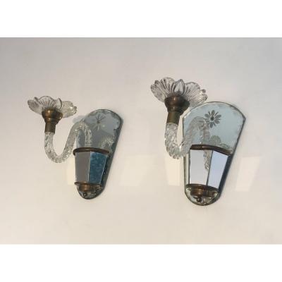 Pair Of Murano Mirrored And Brass Wall Sconces. Italian. Circa 1970