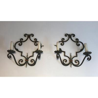 Pair Of Large Decorative Wrought Iron Wall Sconces. French. Circa 1950