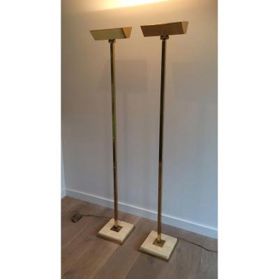 Pair Of Brass Floor Lamps On Travertine Base. French. Circa 1970