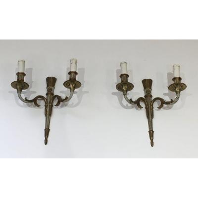 Pair Of Louis The 16th Bronze And White Painted Wall Sconces. French. Circa 1940