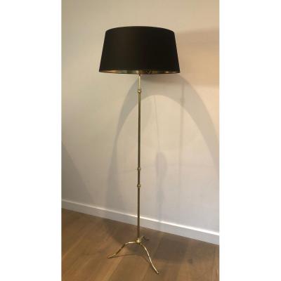 Neoclassical Style Adjustable Brass Floor Lamp With Black Shintz Shade Gilt Inside. Circa 1940