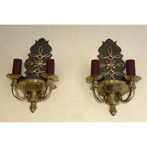 Pair Of Steel And Brass Art Deco Wall Lights. French Work,  In The Style Of Jules Leleu