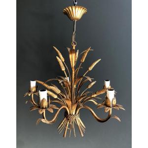 Coco Channel Wheat Gilt Metal Chandelier. French Work. Circa 1970