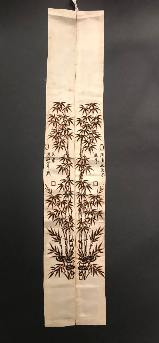 Col de Kimono Japon. Broderie soie sur soie. 76 x 9 cm (x2)-photo-2