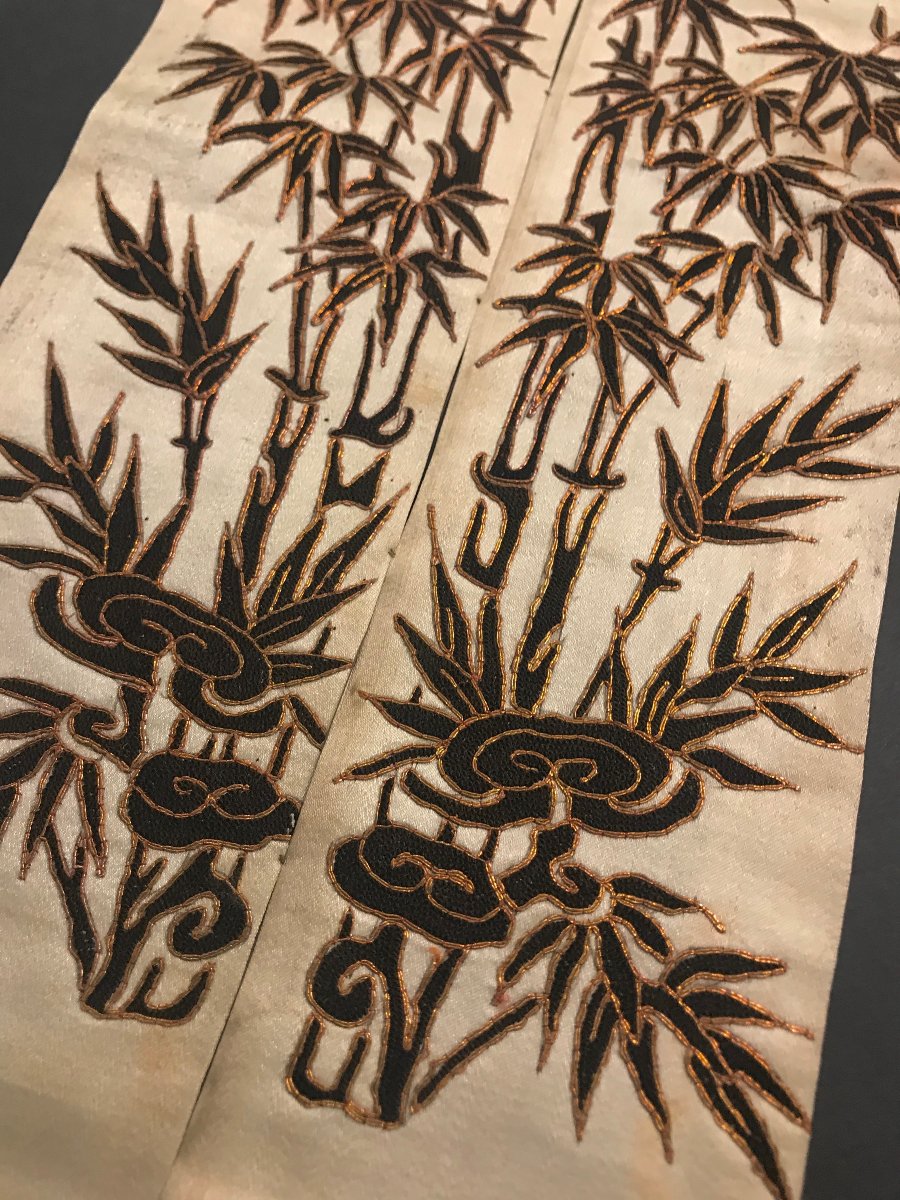 Col de Kimono Japon. Broderie soie sur soie. 76 x 9 cm (x2)-photo-3