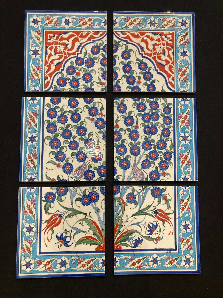 6 carreaux de faïence. Kütahya. Anatolie. Milieu 20 ième. 60 x 40 cm-photo-1