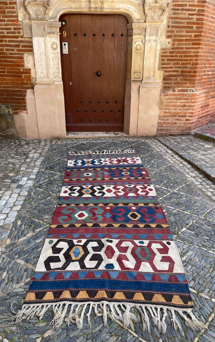 Kilim Caucase. Type Kazakh. Circa 1900. 270 x 107 cm-photo-3