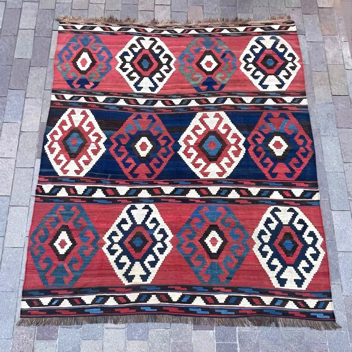 Caucasian Kilim. Kazakh Motifs. Circa 1880. 255 X 225 Cm