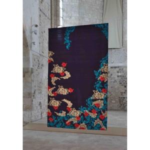 Dentelles Anciennes Sur Soie Sauvage. Zenga "vague Bleue" 216 X 128 Cm