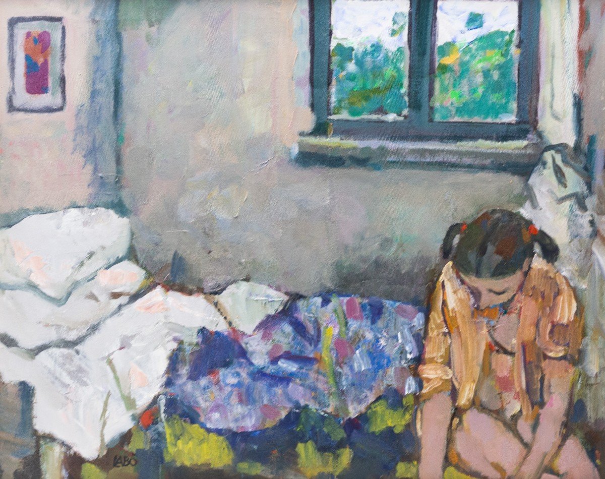Peinture à l'huile sur toile, "Intérieur", par Savino Labò, 1968