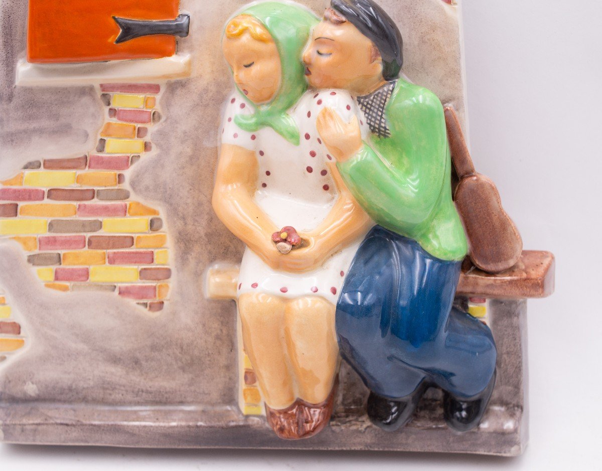 Pair Of Rometti Umbertide Ceramic Plaques, "love," 1930s-photo-6