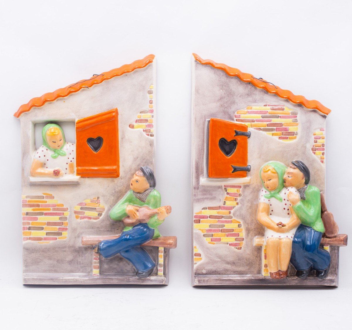 Pair Of Rometti Umbertide Ceramic Plaques, "love," 1930s