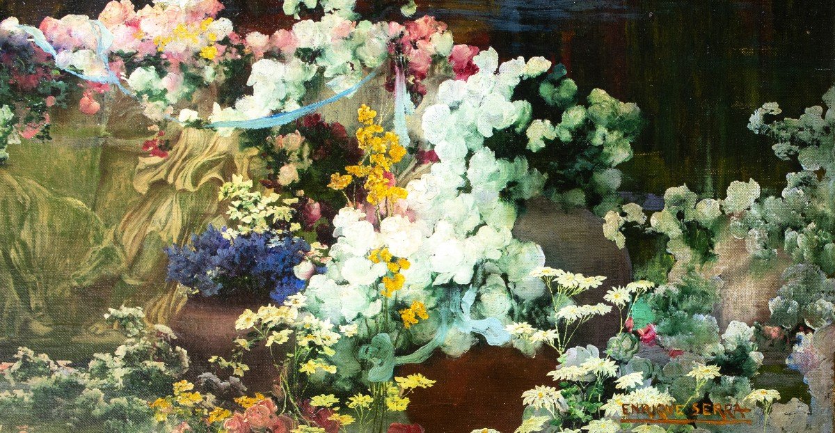 Oil Painting On Canvas, "romantic Garden," By Enrique Serra, Signed, Late 19th Century-photo-4