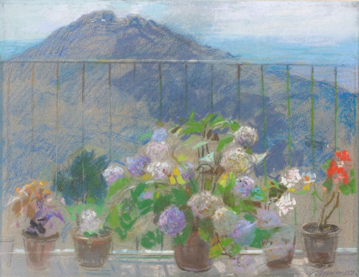 Craie sur papier, par Gino Piccioni, "Terrasse sur les Alpes Biellese", signé, 1933