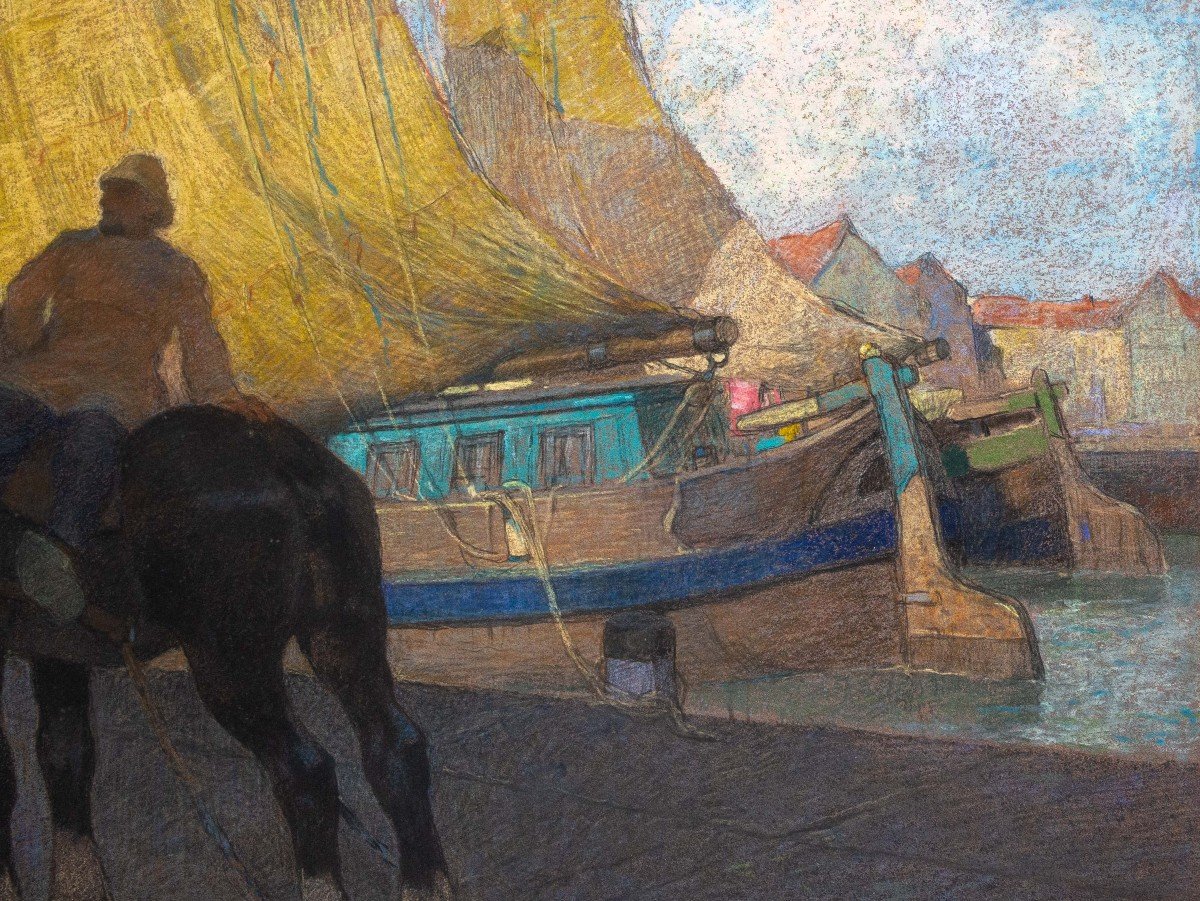 Pastel On Paper, By A. Matteoda Rossotti "boats On The Canal," Signed, Late 19th Century-photo-2