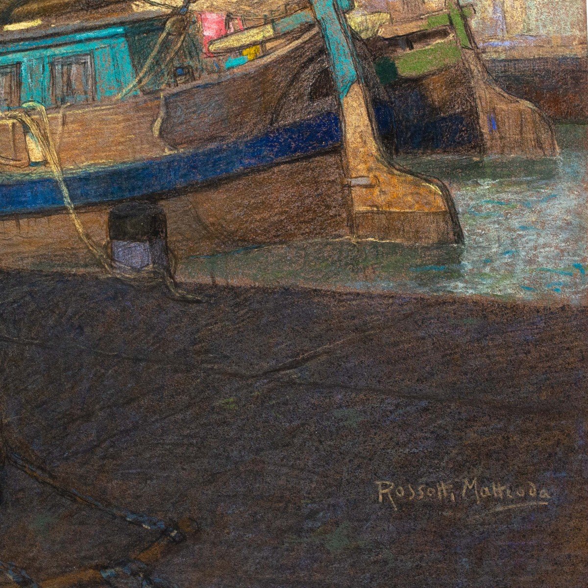 Pastel On Paper, By A. Matteoda Rossotti "boats On The Canal," Signed, Late 19th Century-photo-3