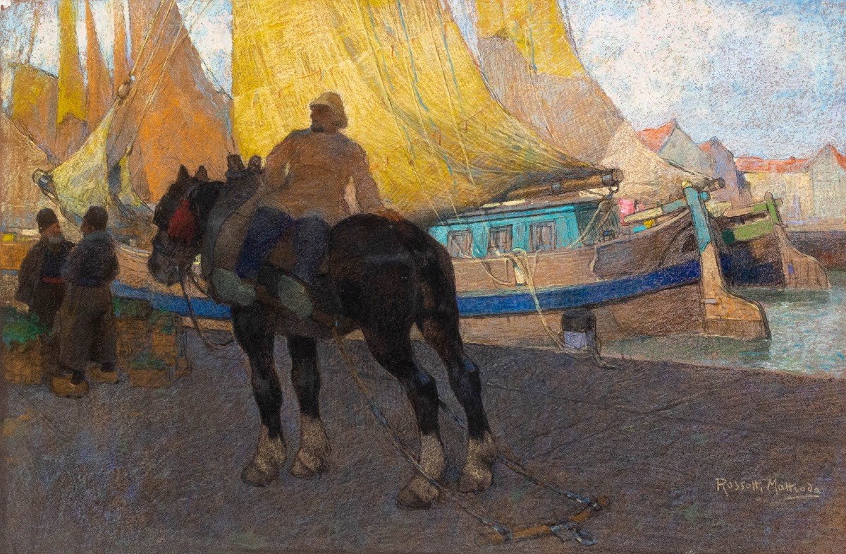 Pastel On Paper, By A. Matteoda Rossotti "boats On The Canal," Signed, Late 19th Century