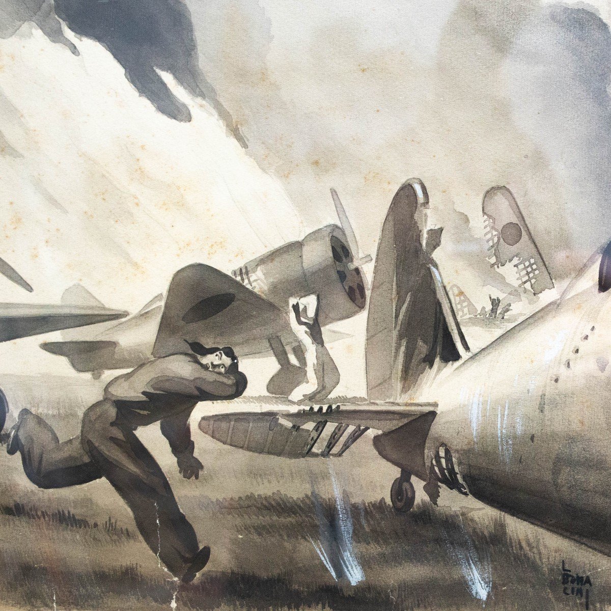 Technique mixte sur papier, par Luciano Bonacini, "Le bombardement", signé, années 1930/40-photo-4